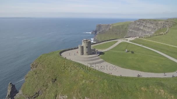 Kuşlar Moher kayalıklarla County Clare, İrlanda'dan havadan görünümü göz. Epik İrlandalı manzara deniz yaban Atlantik yol boyunca. Güzel doğal kırsal kırsal İrlanda. — Stok video