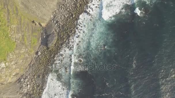 Luchtfoto Ierland platteland toeristische attractie in County Clare. De Cliffs of Moher en het kasteel van Ierland. Epische Ierse landschap langs de wilde Atlantische weg. Mooie schilderachtige Ierse natuur. Platte video — Stockvideo