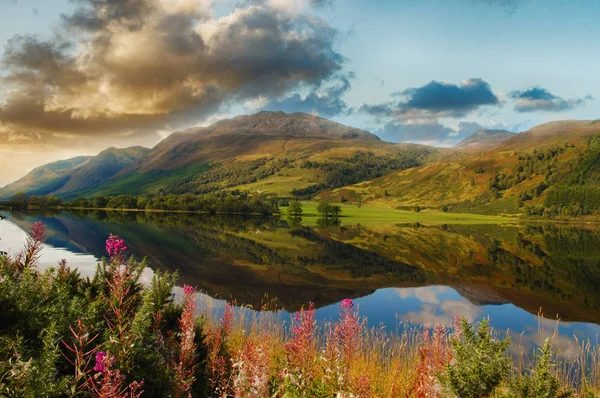 Lago escénico épico en las tierras altas escocesas. hermoso paisaje de Escocia con montañas, flores y un lago con reflejos de agua —  Fotos de Stock