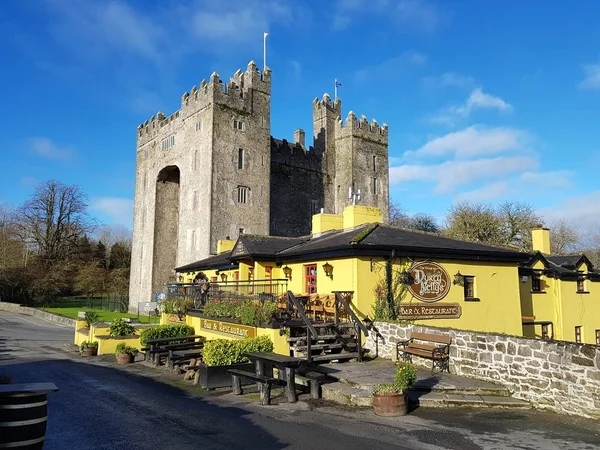 Bunratty kastélyról és csempézett fürdőszobával Nelly's Irish Pub, Írország - november 30-án 2017: gyönyörű kilátás nyílik a Írország egyik leghíresebb vár és ír Pub-ban County Clare. A világ híres turisztikai attrakció. Bunratty kastélyról és csempézett fürdőszobával Nelly's Pub. — Stock Fotó