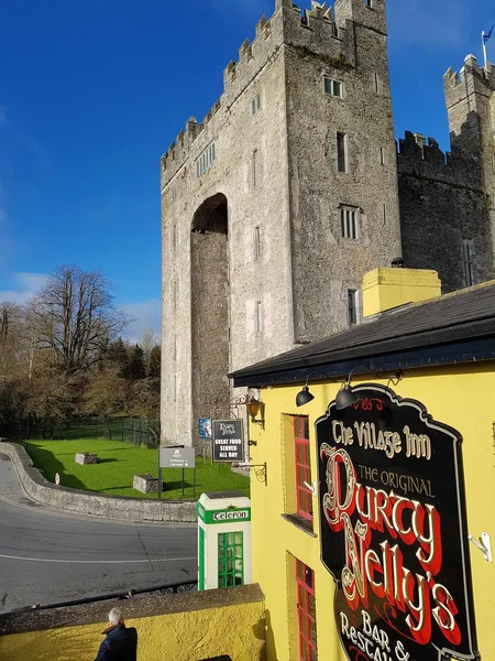 Bunratty Castle y Durty Nelly 's Irish Pub, Irlanda - 30 nov 2017: Hermosa vista del castillo más famoso de Irlanda y el pub irlandés en el condado de Clare. Famosa atracción turística mundial. Bunratty Castle y Durty Nelly 's Pub . — Foto de Stock