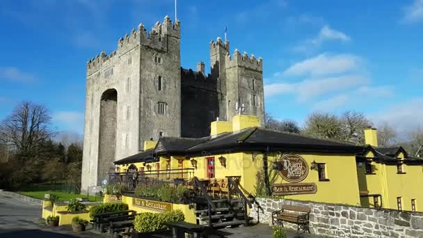 勃瑞城堡和 Durty 耐莉的爱尔兰酒吧 爱尔兰 2017年11月30日 美丽的看法爱尔兰的最著名的城堡和爱尔兰酒吧在县克莱尔 世界著名的旅游胜地 勃瑞城堡和 Durty 耐莉的酒吧 — 图库视频影像