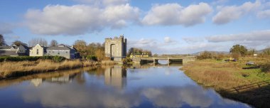 Bunratty, İrlanda - 8 Şubat 2018: Bunratty Castle ve Durty Nelly'nın Pub. Güzel manzaralı İrlandalı kale ve Shannon Nehri Irish Pub. Panoramik İrlandalı kırsal.