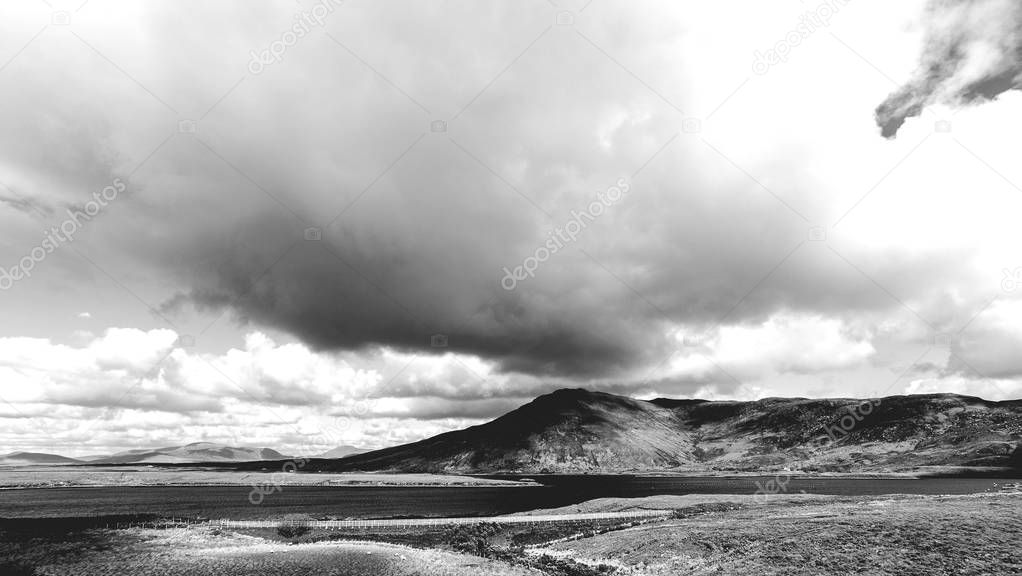 Black and white picture of a beautiful scenic Irish countryside 