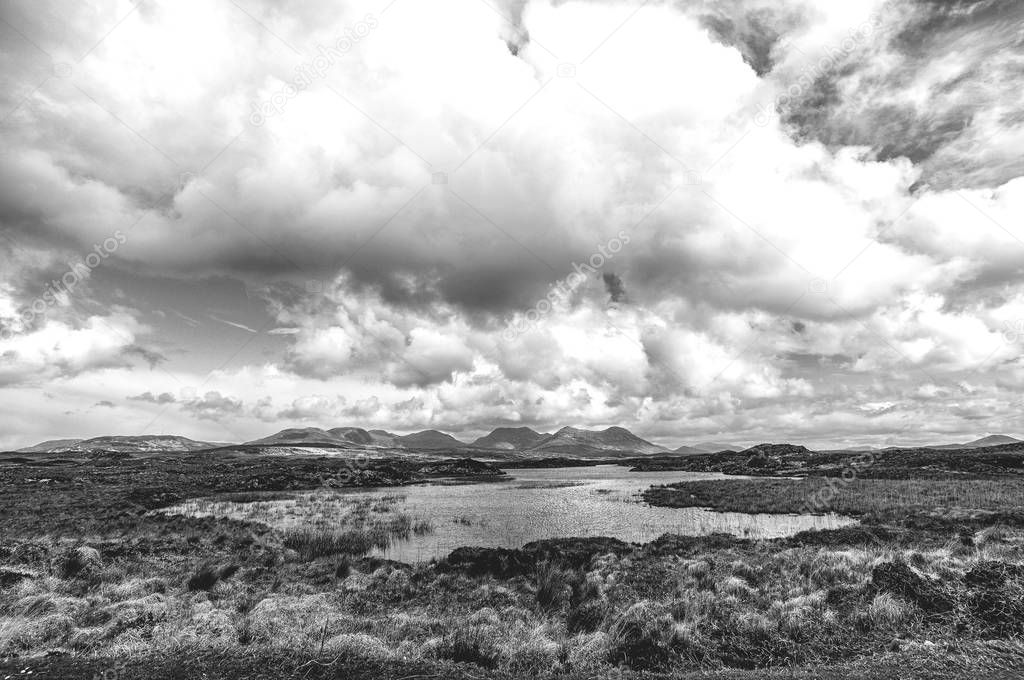 Black and white picture of a beautiful scenic Irish countryside 