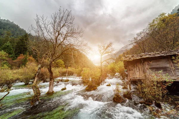 Malowniczy widok drewniany dom przez mielizny Bonsai, Jiuzhaigou — Zdjęcie stockowe