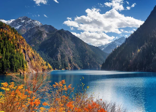 Atemberaubender Blick auf den langen See zwischen Bergen und Fallwäldern — Stockfoto