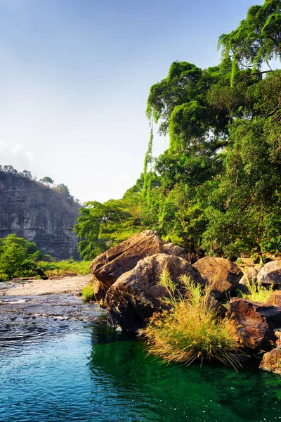 Rivier met smaragdgroen kristalhelder water onder bossen en rotsen — Stockfoto