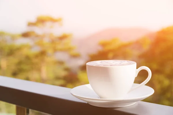 Doğa arka plan üzerinde sıcak Cappuccino kahve fincan. Tonlu görüntü — Stok fotoğraf