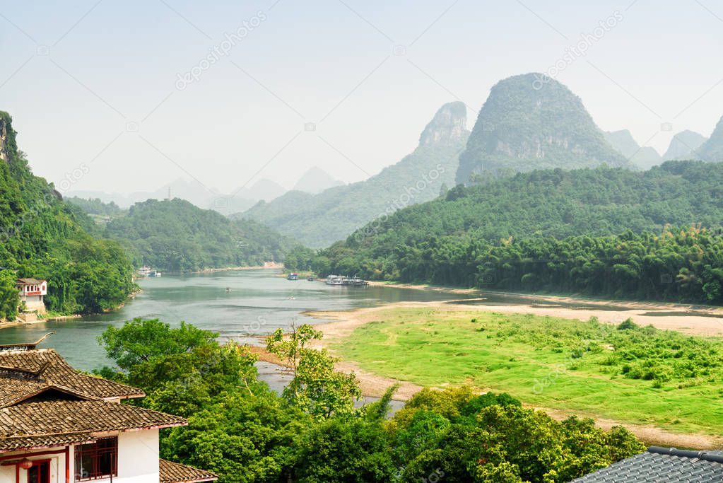 The Li River among woods and scenic karst mountains, China