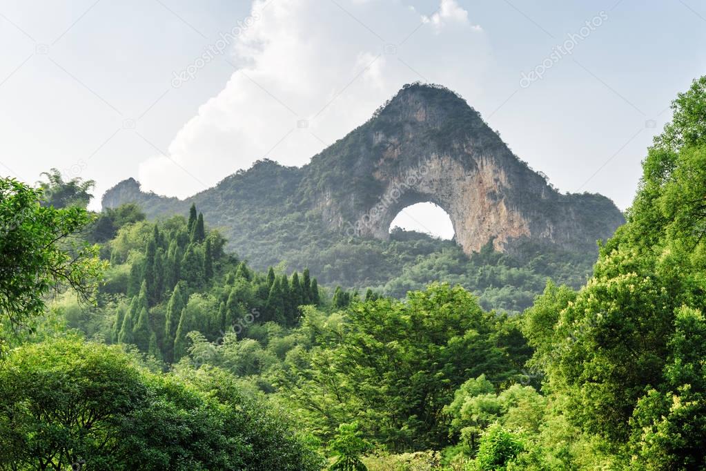 Beautiful view of Moon Hill and green woods at Yangshuo
