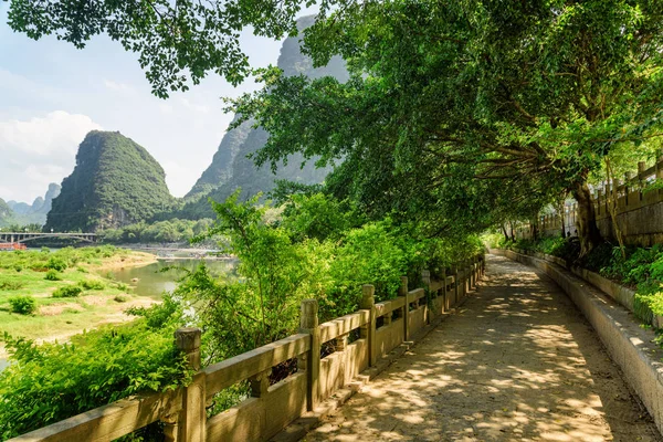 Aussichtsreicher Fußweg zwischen grünen Bäumen entlang des Flusses Li, Yangshuo — Stockfoto