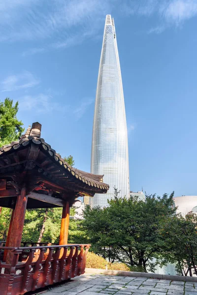 Wooden pavilion and skyscraper at downtown of Seoul