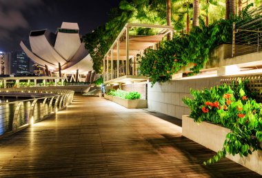 Marina Bay, Singapur boyunca tahta kaldırım doğal gece görünümü
