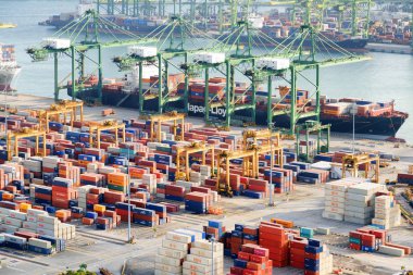Konteyner terminali Singapur bağlantı noktası. Kargo gemisi demirledi