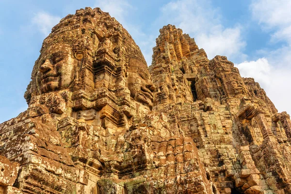 Awesome bottom view of towers with stone faces, Bayon temple — 스톡 사진