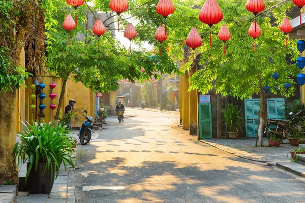 Amazing cozy street decorated with silk lanterns, Vietnam — Stock Photo, Image