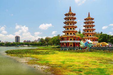Kaohsiung, Taiwan - April 30, 2019: Unusual view of the Dragon and Tiger Pagodas at Lotus Lake. The temple is a popular tourist attraction of Asia.