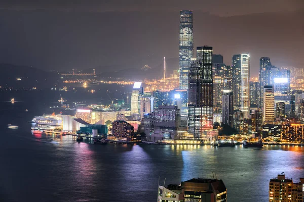 Fantástica Vista Aérea Noturna Victoria Harbor Hong Kong Fantástica Paisagem — Fotografia de Stock