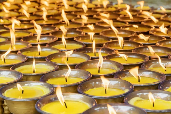 Closeup View Burning Candles Church Lights Ceremony Prayer Meditation Temple — Stock Photo, Image