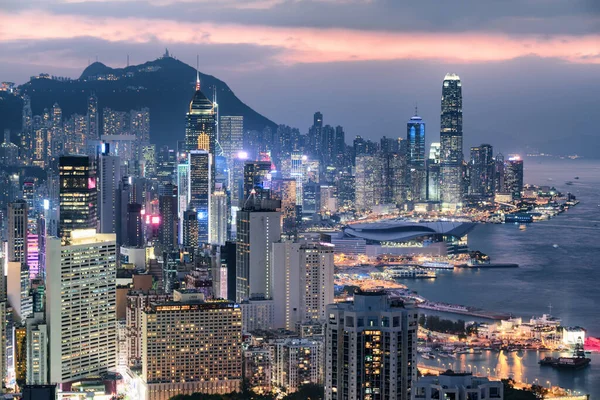 Fantastisk Flygutsikt Över Skyskrapor Centrala Hongkong Vid Solnedgången Jättebra Stadsbild — Stockfoto