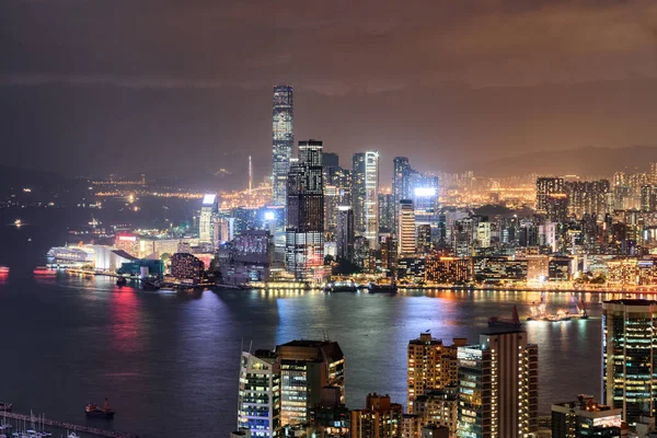 Vista Aérea Nocturna Colorida Victoria Harbour Hong Kong Paisaje Espantoso — Foto de Stock