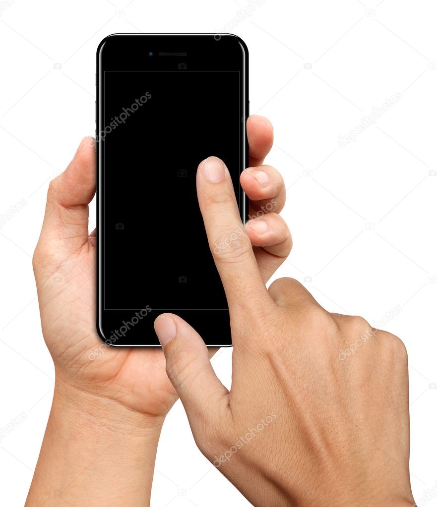 Hand holding and Touch on glossy Black Smartphone on white