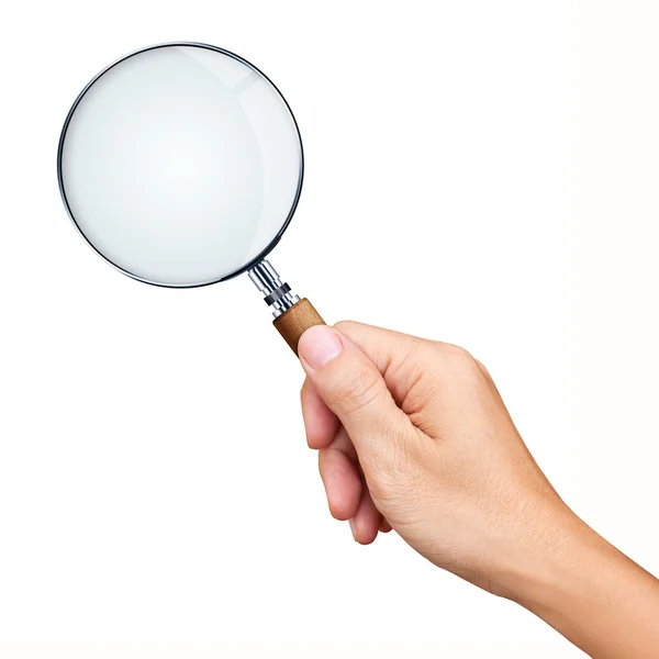 Beyaz arkaplanda el ele tutuşan büyüteç.