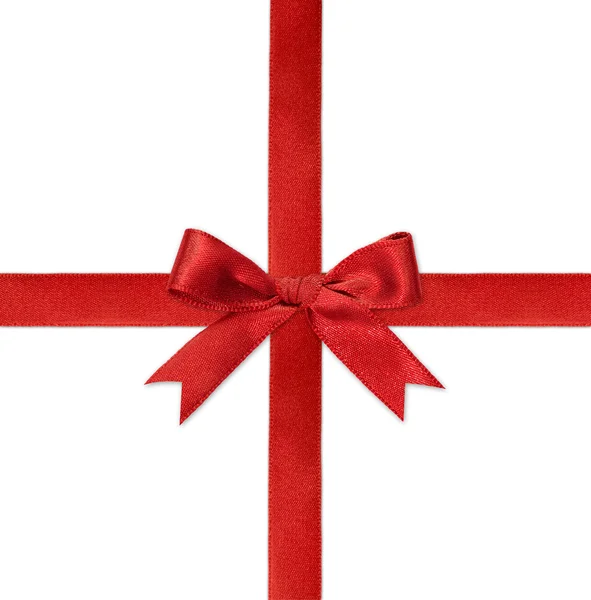 Glänzend rotes Satinband auf weißem Geschenkkarton — Stockfoto