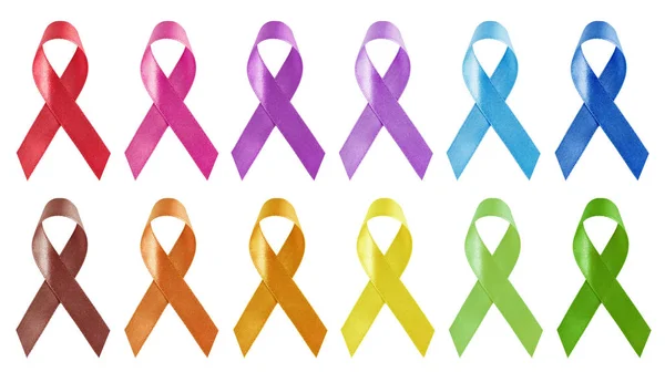 Twelve colors of awareness ribbons isolated on white background — Stock Photo, Image