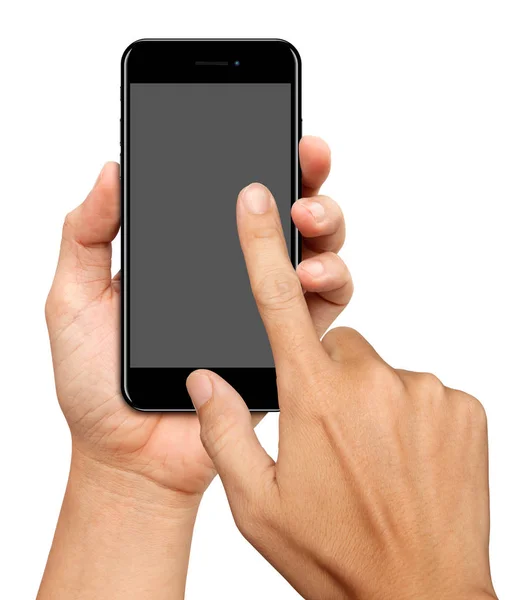 Sostenga la mano y toque en la pantalla de la curva Smartphone en backgrou blanco — Foto de Stock