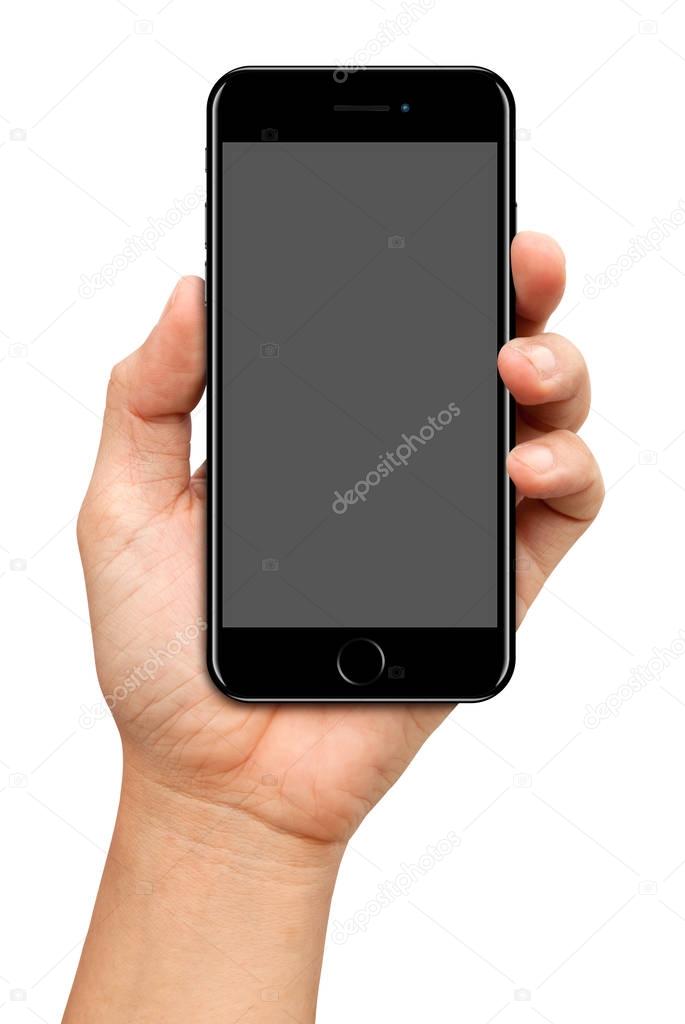 Hand hold Black Glossy Smartphone on white background