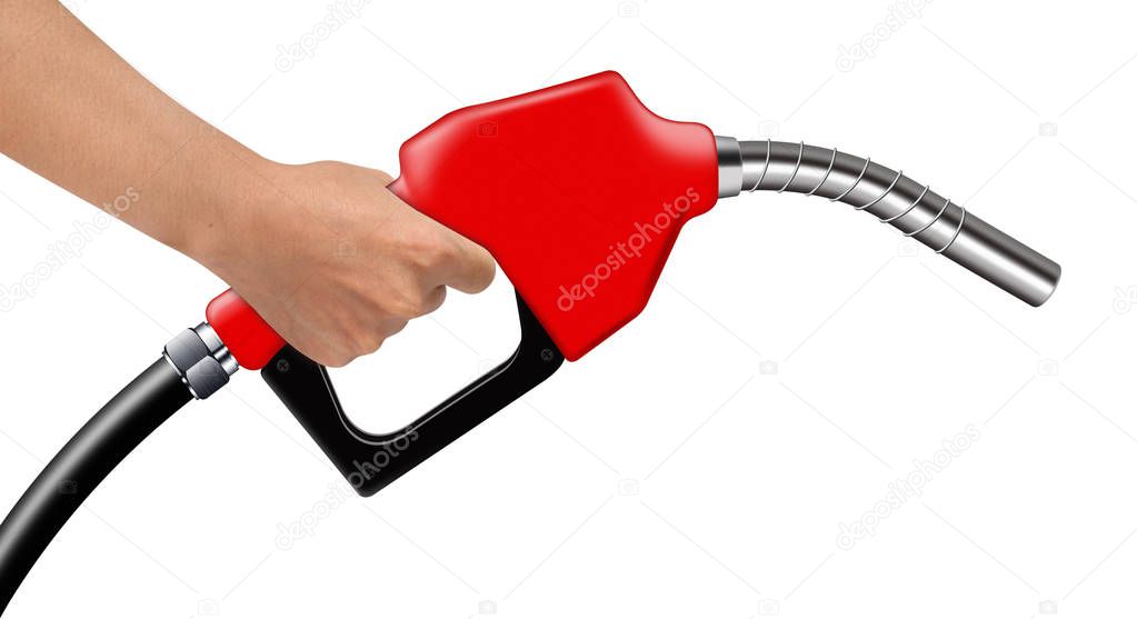 Hand hold red fuel nozzle on a white background