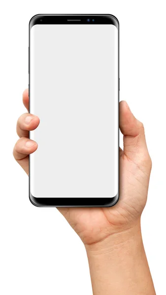 Mão segurando Smartphone preto com tela em branco no backgro branco — Fotografia de Stock