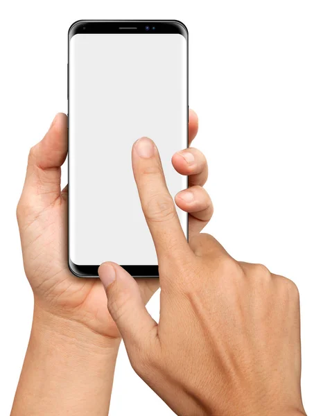 Hand holding en touch Black Smartphone met leeg scherm op whi — Stockfoto