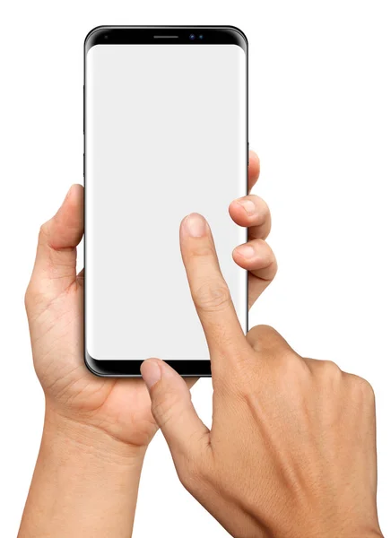 Mão segurando e toque no smartphone preto no fundo branco — Fotografia de Stock