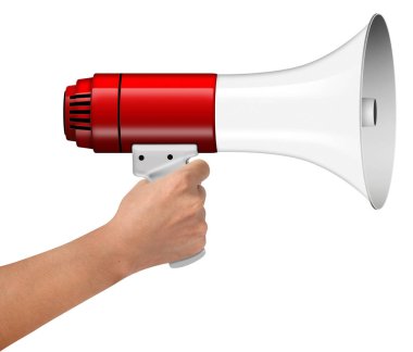 Beyaz arka plan üzerinde izole megafon tutmak el
