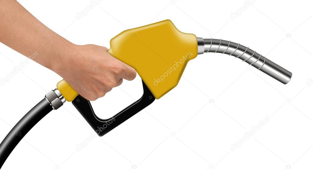 Hand hold yellow fuel nozzle on a white background