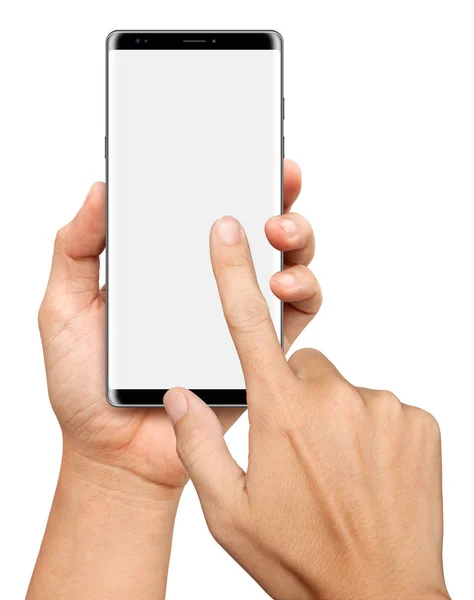 Tenuta a mano e tocco su Smartphone nero su sfondo bianco — Foto Stock