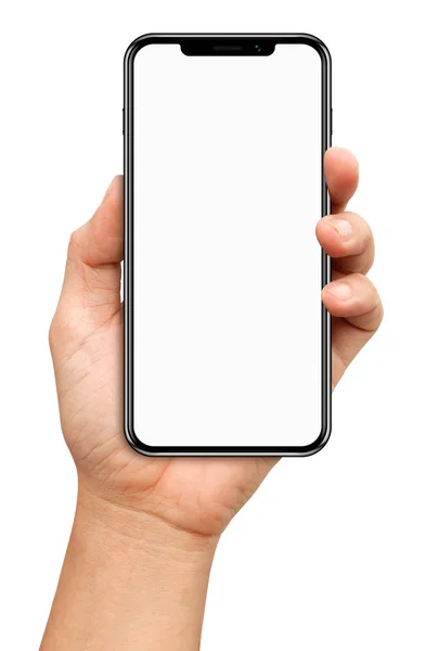 Mão segurar uma tela grande Smartphone no fundo branco — Fotografia de Stock