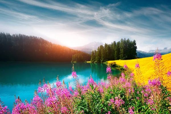 Splendida giornata di sole al lago Champferersee nelle Alpi svizzere — Foto Stock