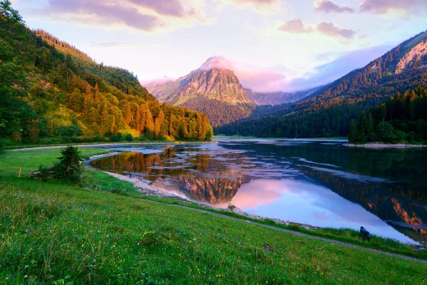 Incroyable matin d'été sur le fantastique lac suisse Obersee — Photo