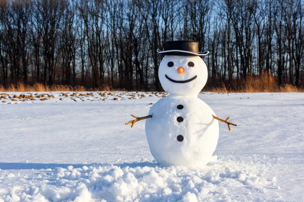 黒い帽子の面白い雪だるま — ストック写真