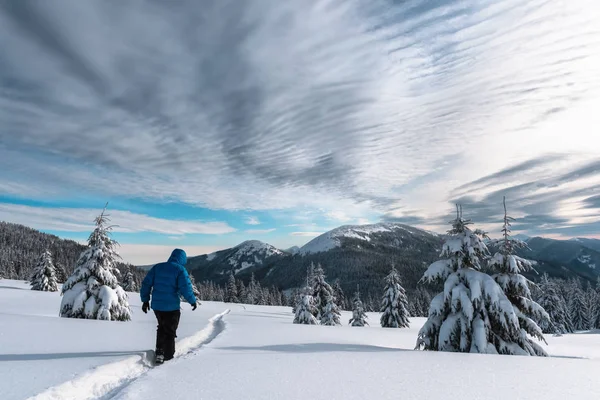 Turista sozinho nas altas montanhas no tempo de inverno — Fotografia de Stock