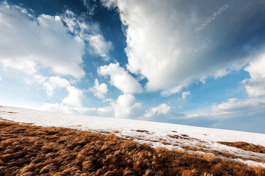 Fantastic spring landscape with snow mountain
