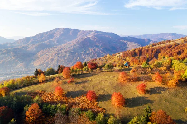 Ahşap evi olan resimli sonbahar çayırı — Stok fotoğraf