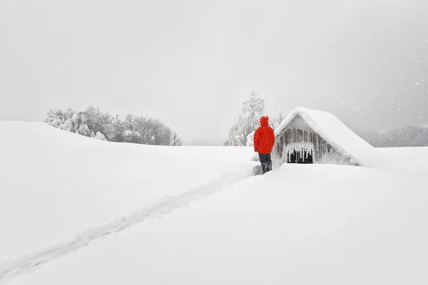 Ahşap evle minimalist kış manzarası — Stok fotoğraf