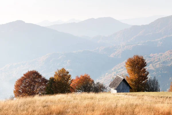 Ahşap evi olan resimli sonbahar çayırı — Stok fotoğraf