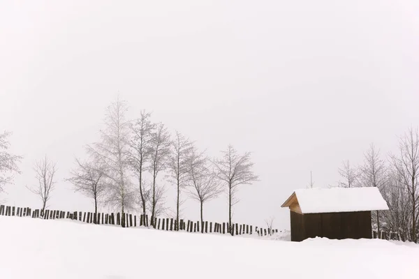 Minimalistische Winterlandschaft mit Holzhaus — Stockfoto