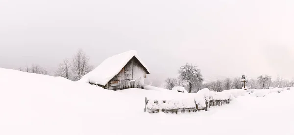 나무로 된 집이 있는 무미건조 한 겨울철 풍경 — 스톡 사진